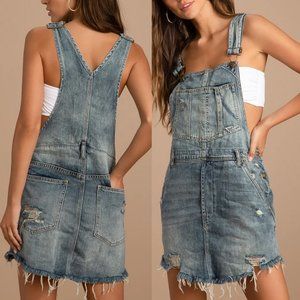 Free People We The Free Baxter Distressed Denim Overall Jumper Dress Skirtall L